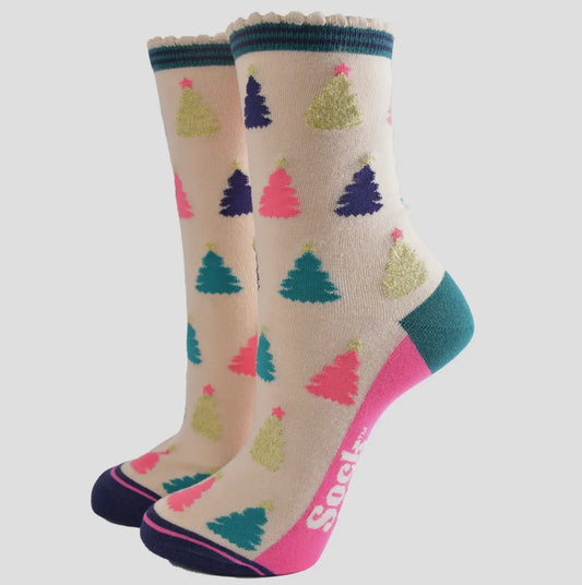 Ladies Bamboo Socks - Bright Christmas Trees