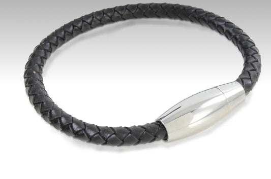 Black Leather & Stainless Steel Oval Clasp Men’s Bracelet