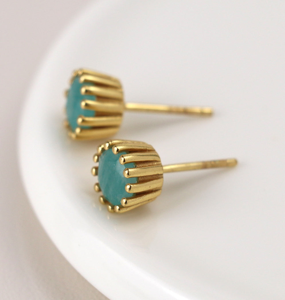 Gold Amazonite Gem Stud Earrings - 14k Gold Plated