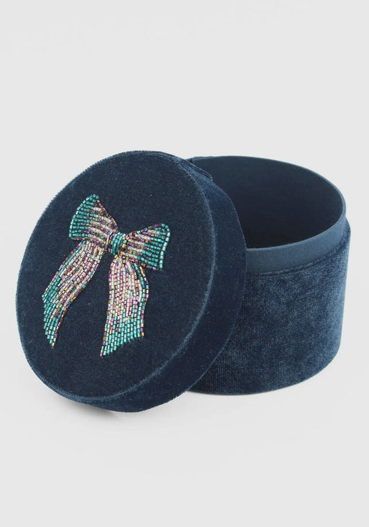 My Doris Blue Velvet Box with Beaded Bow Design
