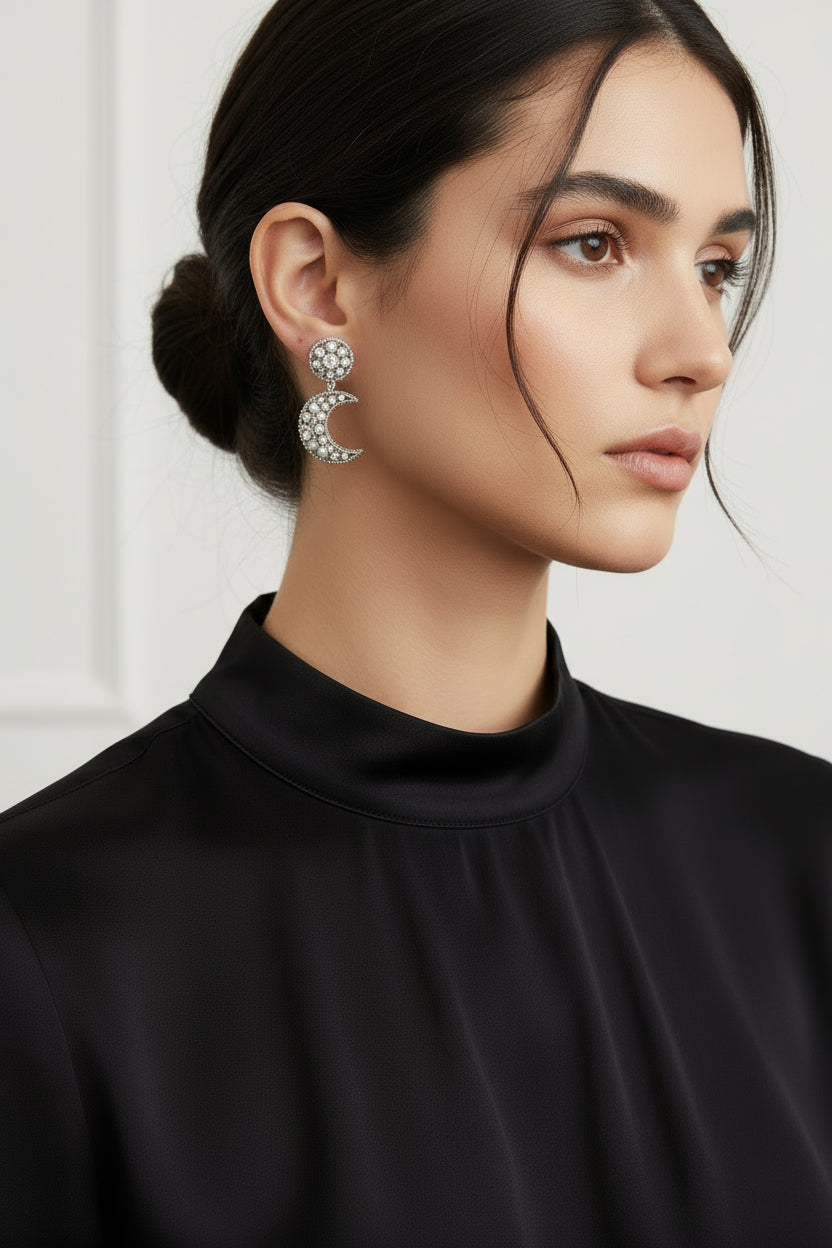 My Doris Silver Beaded Moon Earrings