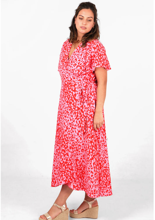 Gillian Midi Wrap Dress - Pink Leopard and Star Print - One available * curve size 16 -18