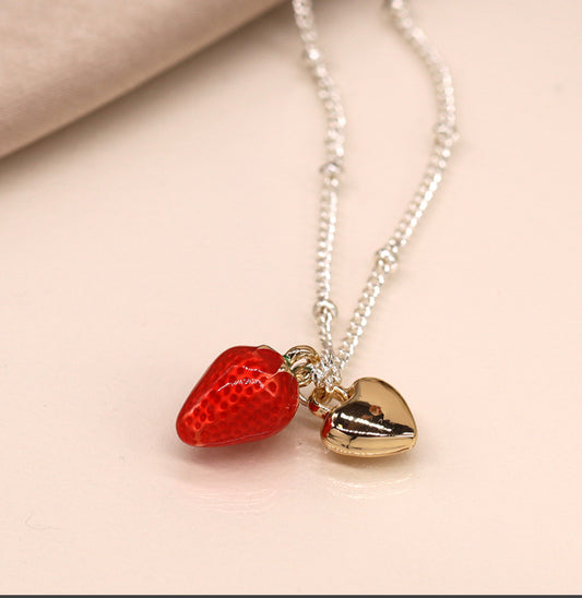 Silver plated necklace with enamel strawberry and golden heart