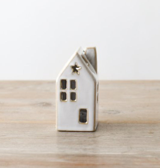 LED light up Ceramic House - White with Star 15cm