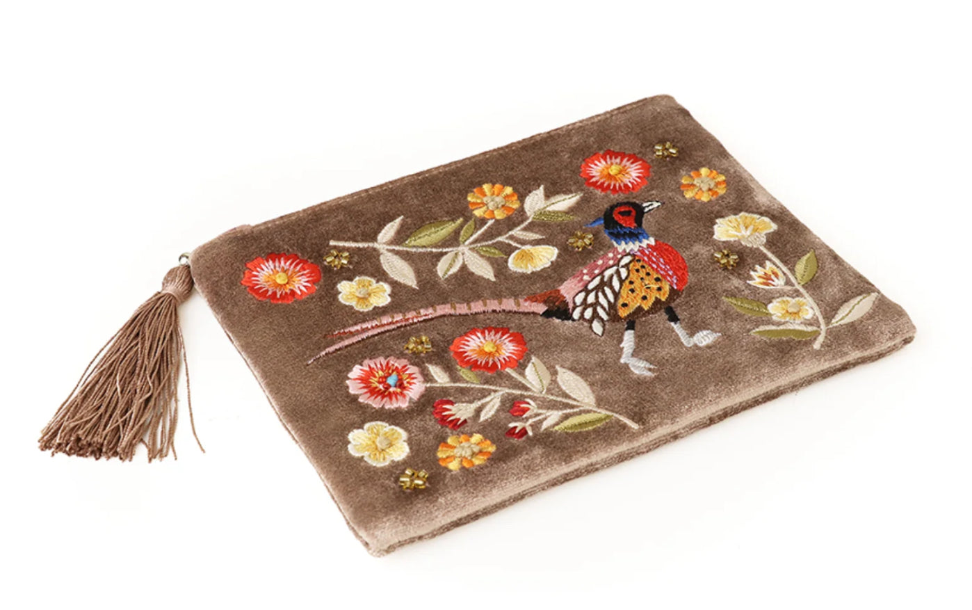 Velvet Makeup Bag - Embroidered pheasant