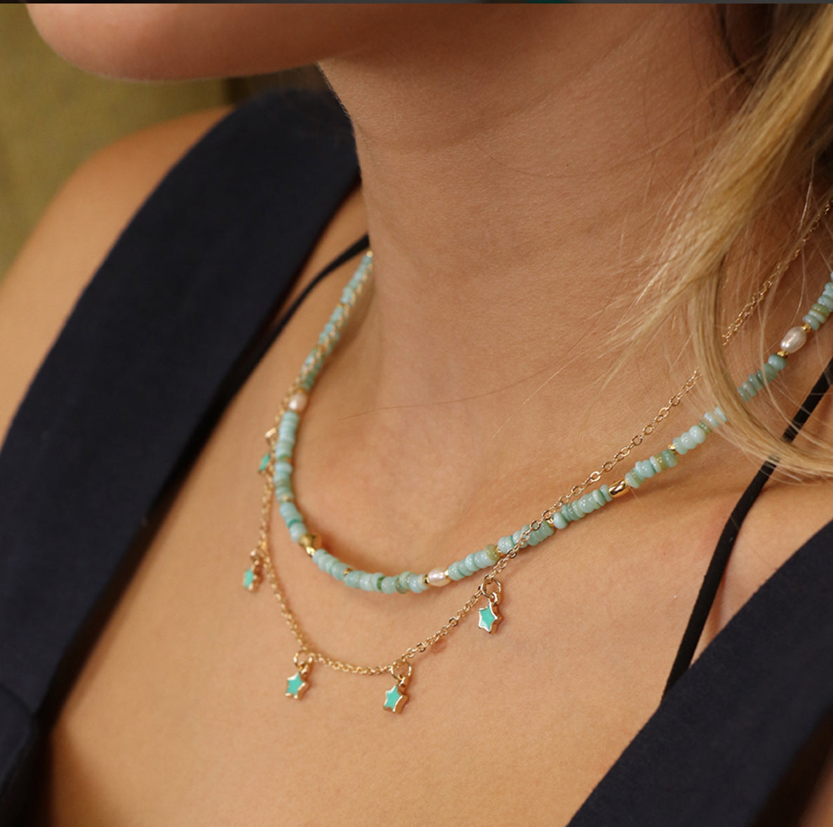 Golden chain and turquoise stars necklace