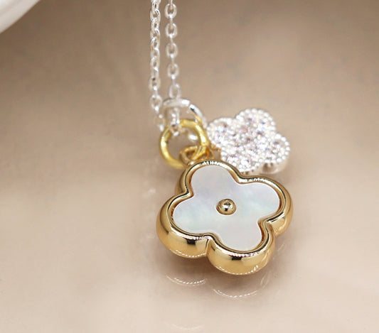 Faux gold and silver plated double quatrefoil necklace with crystals