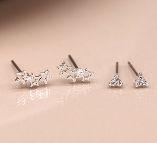 Silver Stacking Earrings - Triangle & Stars