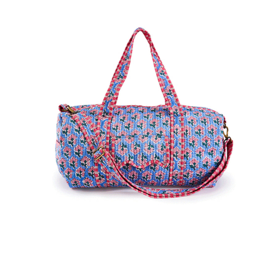 Pink & Blue Pattern Printed Weekend Bag - Pretty Quilted bag with Straps