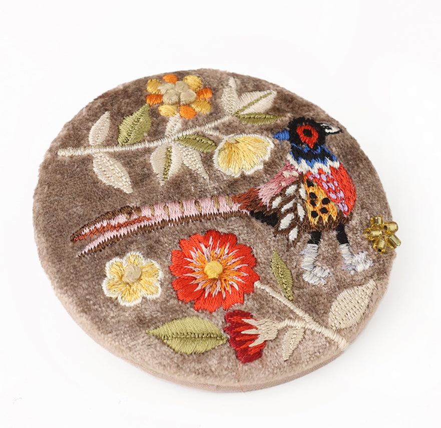 Fawn embroidered pheasant velvet compact mirror