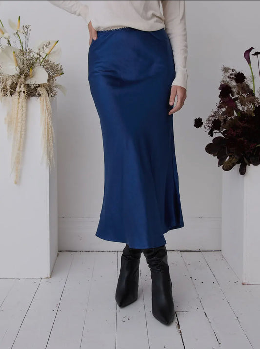 Navy Luxury Satin Slip Skirt - Midi