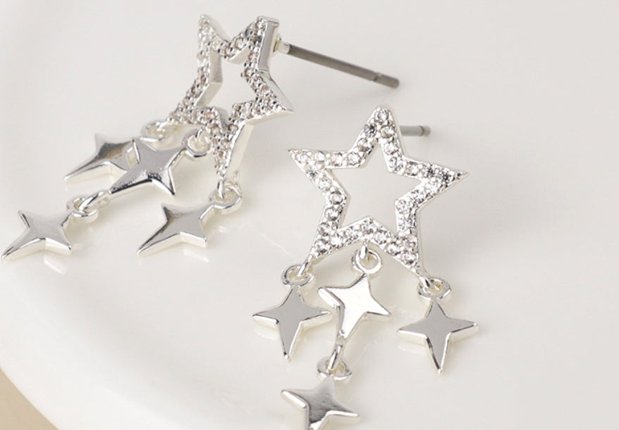 Silver plated crystal star and star drops earrings