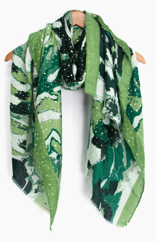 Leah - Lightweight Green Geometric Design Scarf with Metallic detailing