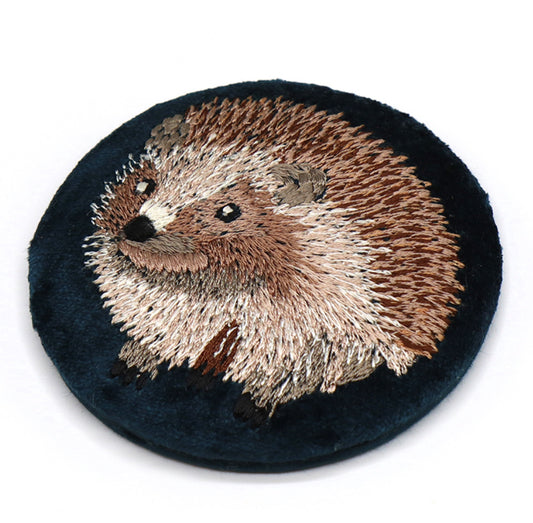 Dark teal velvet hedgehog embroidered compact mirror