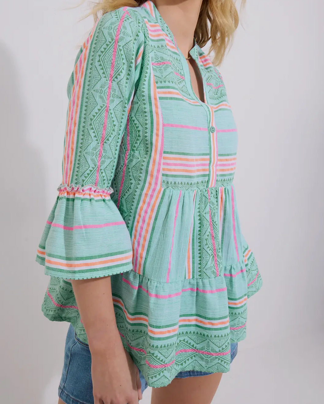 Summer Breeze Stripe Cotton Shirt in Green & Neon Stripes