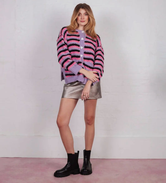 Stripe Knitted Cardigan - Lilac, Black & Pink