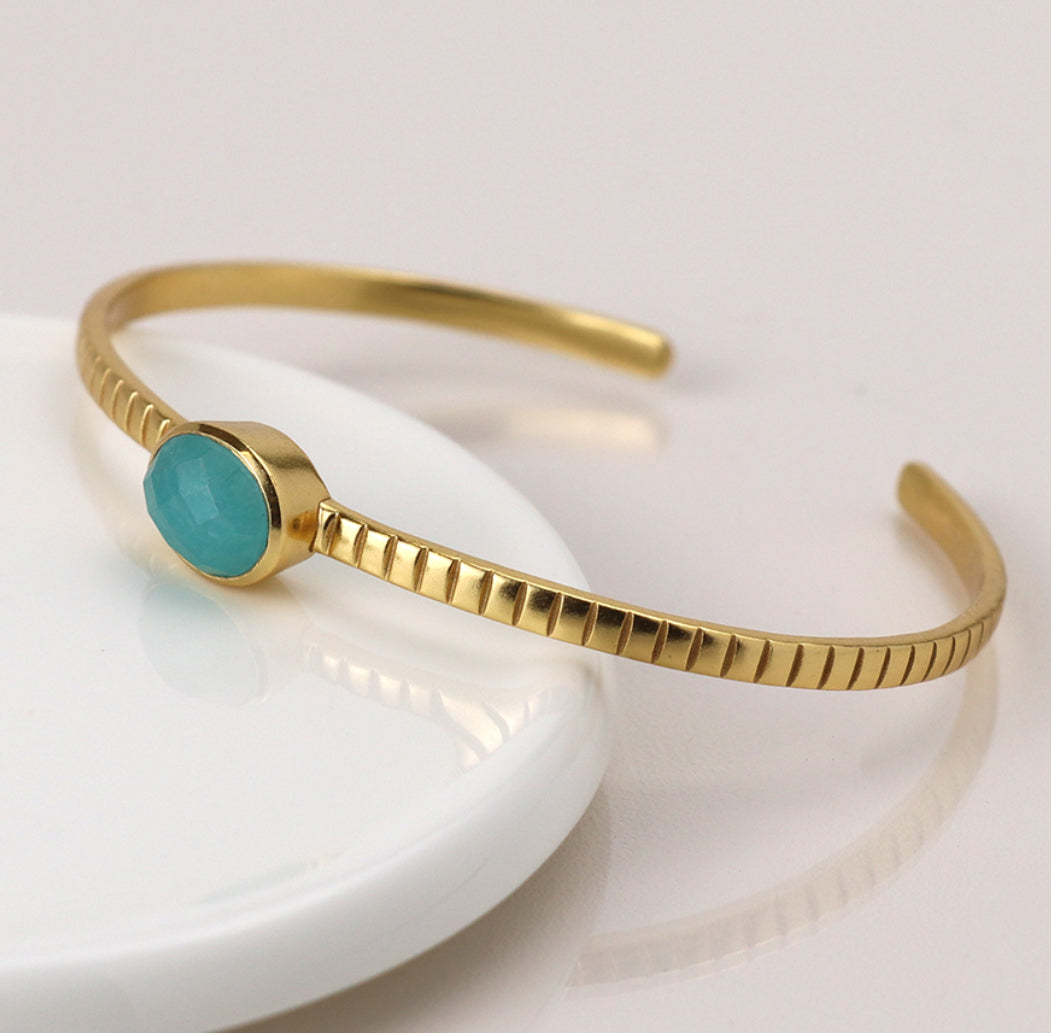Gold Bangle with Gemstone - 14k gold plated with Amazonite gemstone