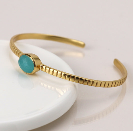 Gold Bangle with Gemstone - 14k gold plated with Amazonite gemstone