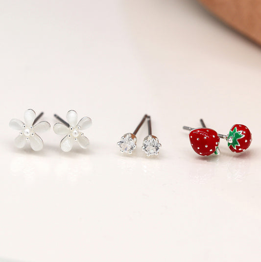 Silver plated strawberry and flower triple stud set