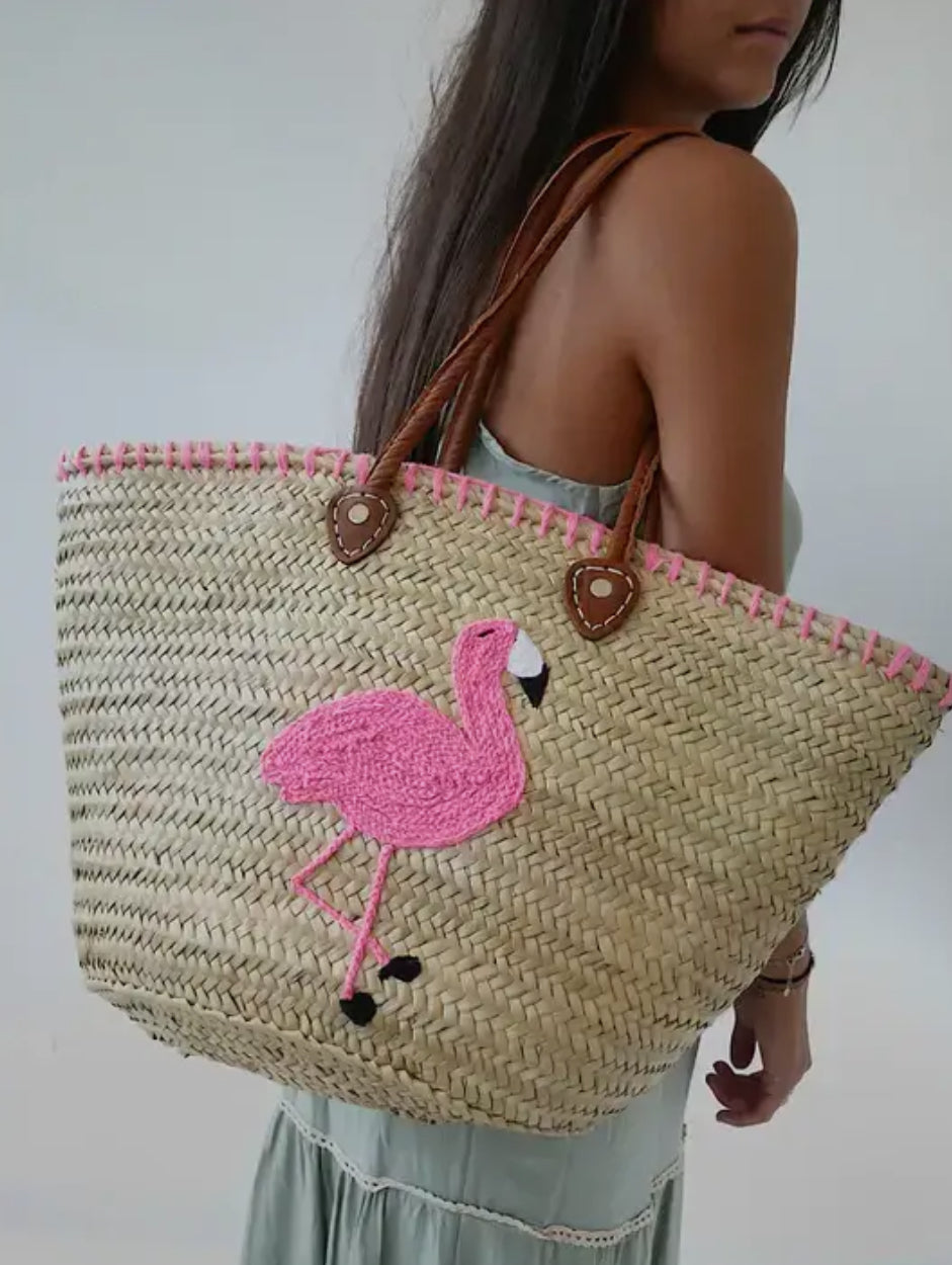 Handmade Flamingo Design Moroccan Basket Bag