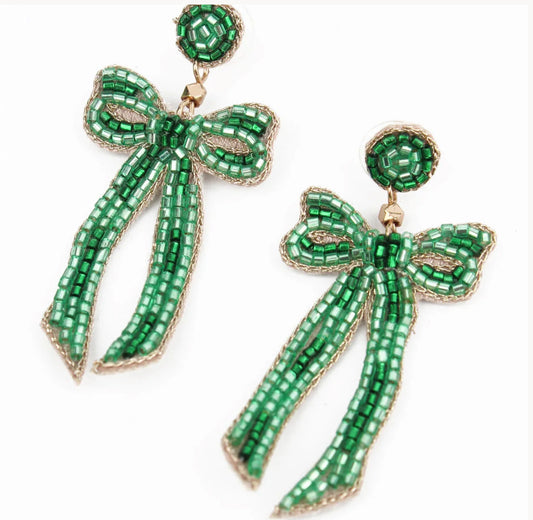 My Doris Hand Beaded Green Bow Stud Earrings