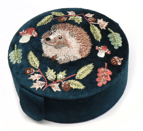 Dark teal velvet hedgehog embroidered round jewellery box