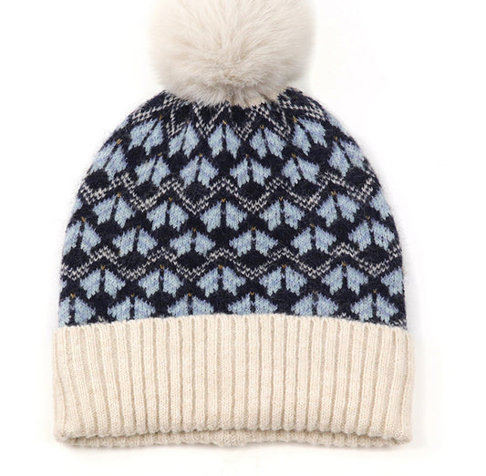 Recycled blend blue mix scandi flower bobble hat