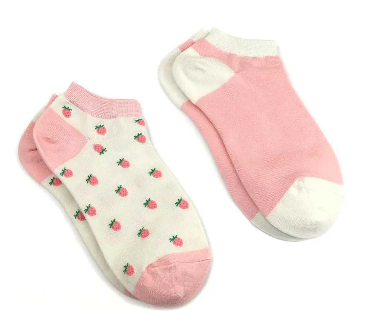 Pair of pink and cream strawberry design trainer socks