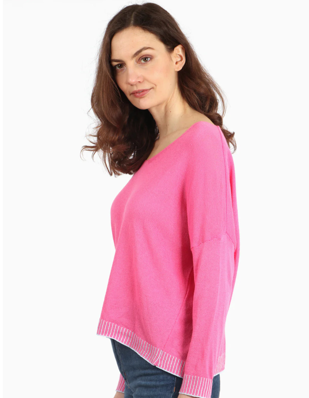 Abby Lightweight Jumper - Fuchsia with Blue Contrast Stitch  - one size (8 - 14)
