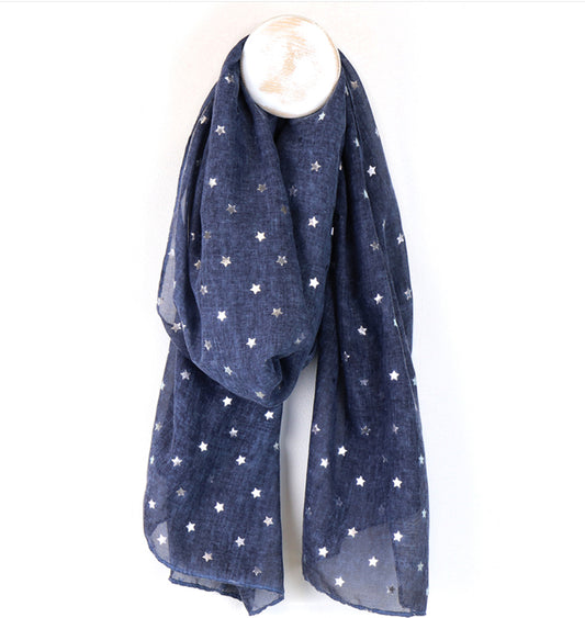 Navy and silver star print scarf