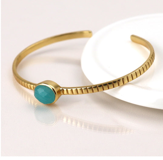 Gold Bangle with Gemstone - 14k gold plated with Amazonite gemstone