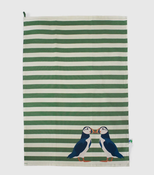 Cotton Dish Towel - RSPB Puffin Design with Green Stripes