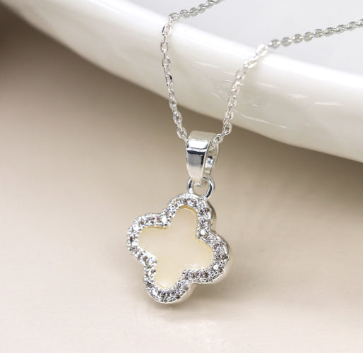 Silver plated crystal edged quatrefoil necklace