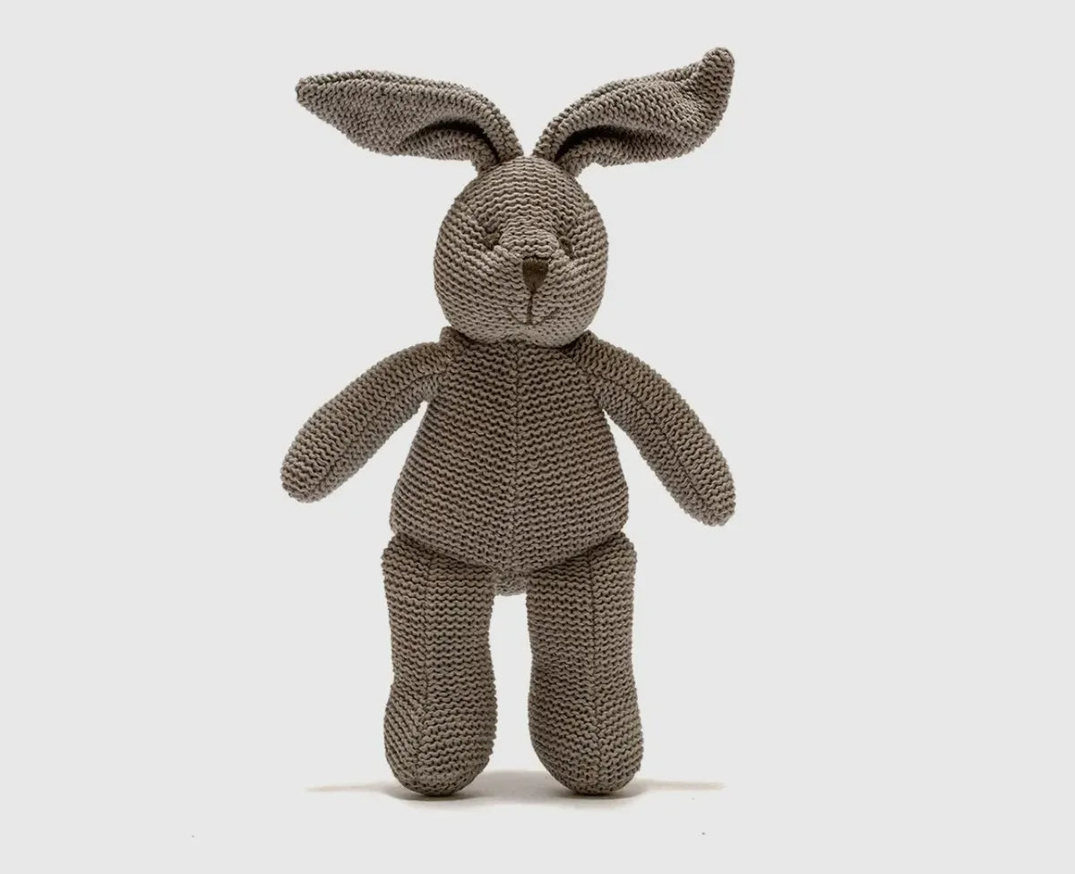 KNITTED ORGANIC COTTON GREY BUNNY RATTLE
