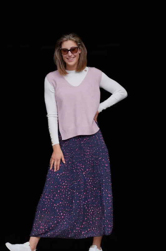 Chelsea Pleated Animal Print Maxi Skirt in Navy and pink - one size fits 10- 14