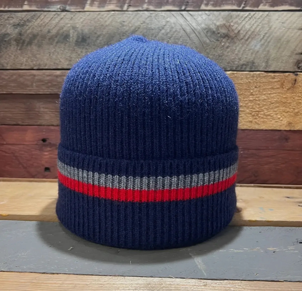Men’s Knitted Beanie - Navy with Red Stripe