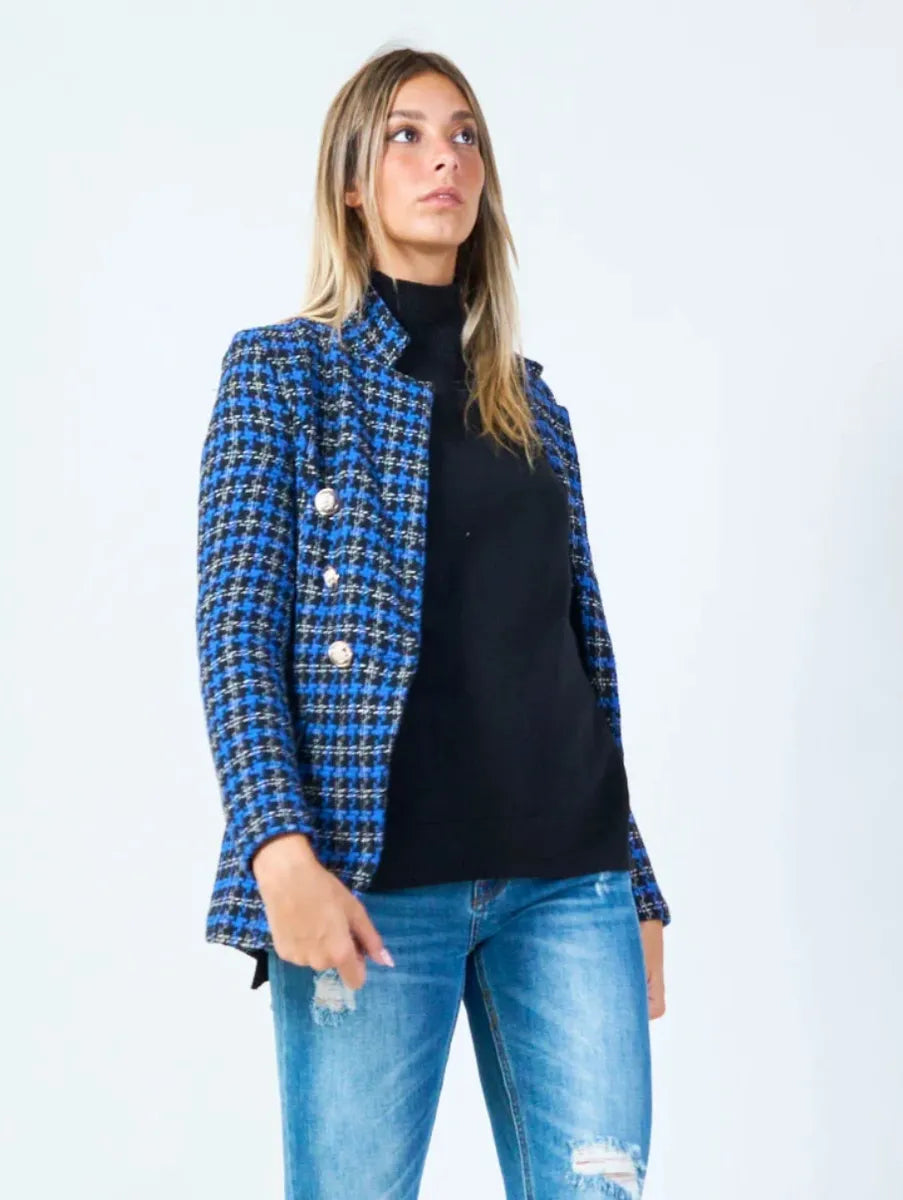 Houndstooth Double Breasted Blazer - Blue