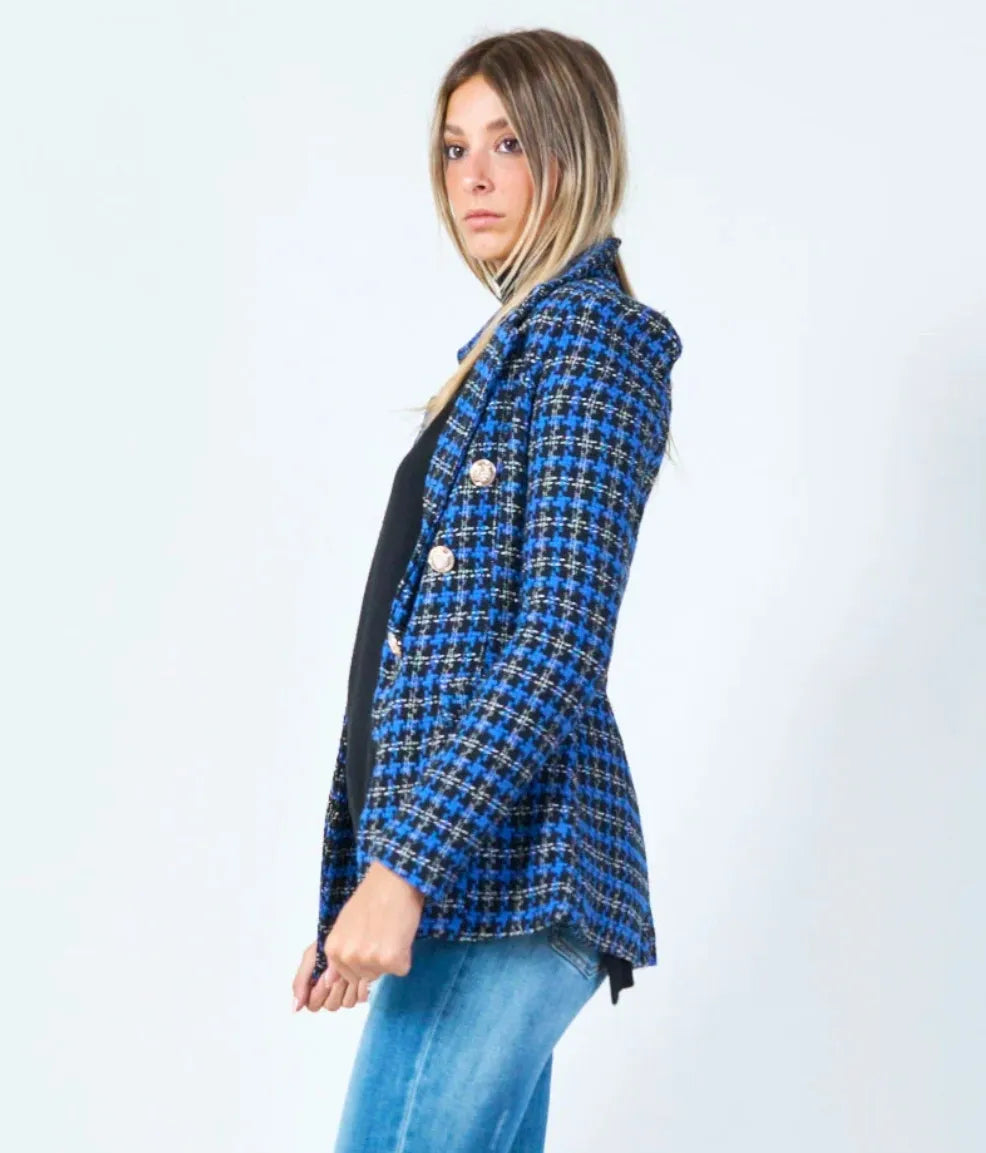 Houndstooth Double Breasted Blazer - Blue