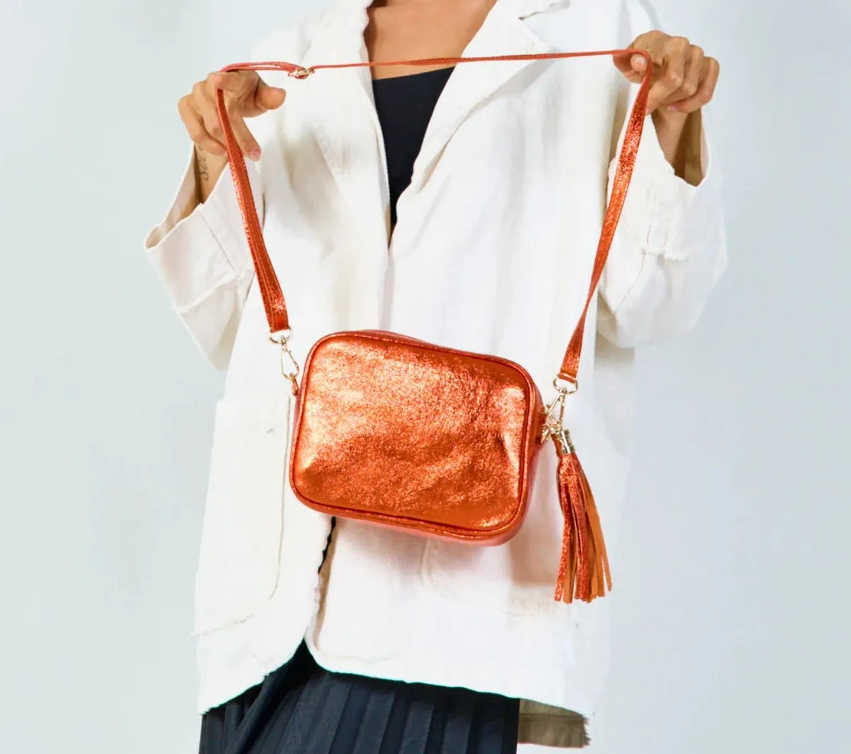 Metallic Leather Crossbody Bag - Orange
