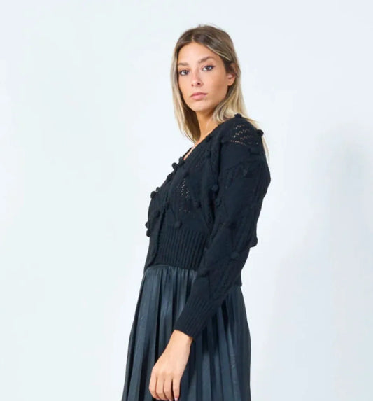 Pom Pom Textured Cardigan - Black