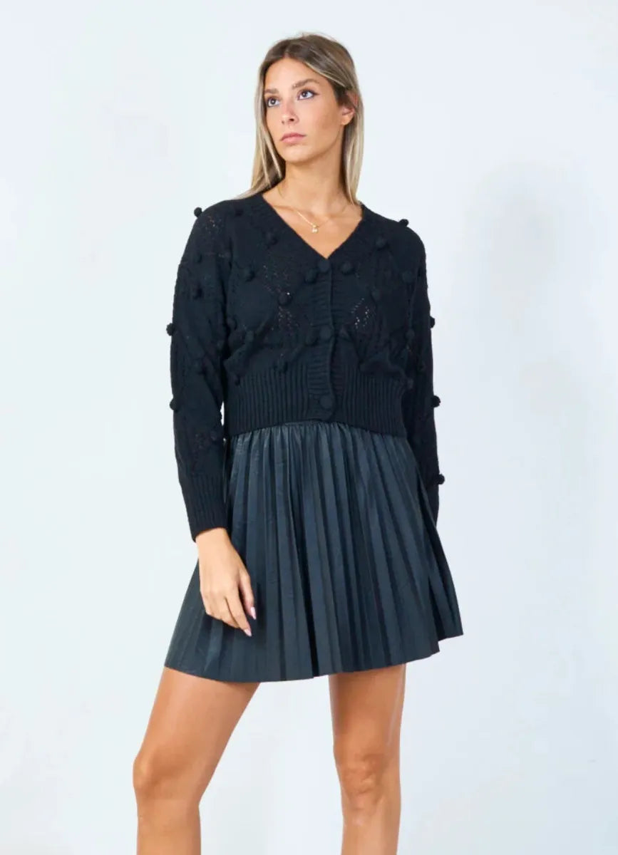 Pom- Pom Textured Cardigan - Black