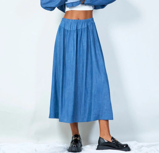 Denim Elastic Waist Midi Skirt - One size