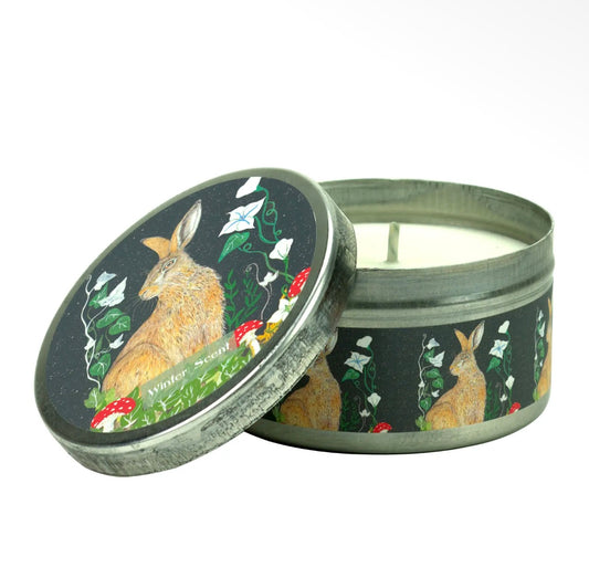 Winter Scent Hare Christmas Candle Tin – 100ml Vegan Soy Travel Candle