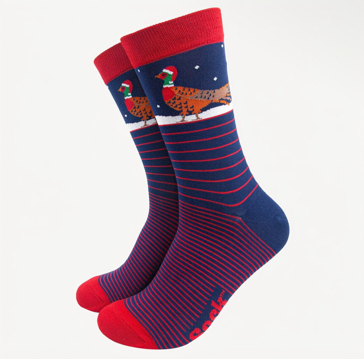 Men's Christmas Pheasant Bamboo Socks – Navy & Red Stripe, UK 7–11