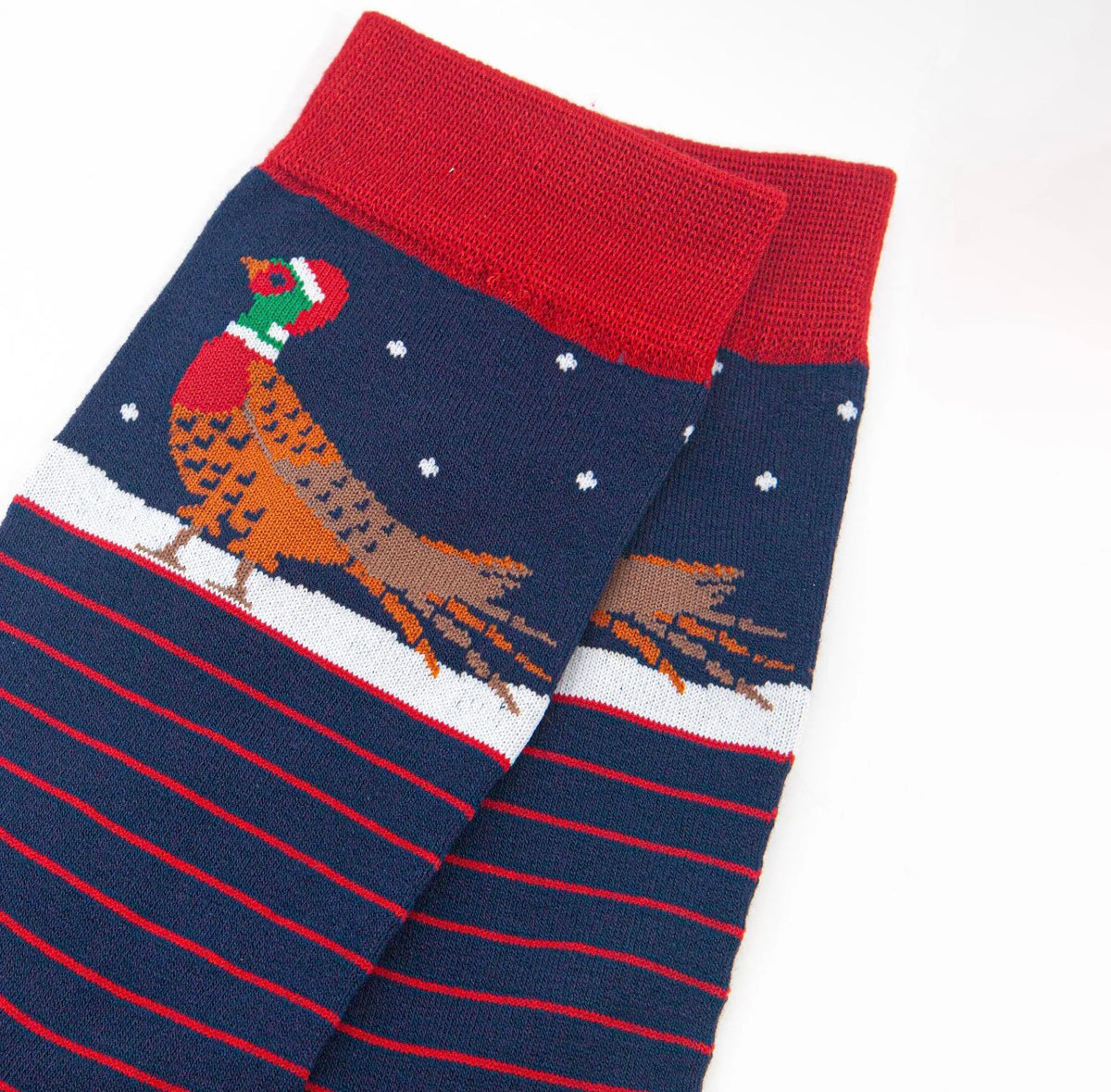 Men's Christmas Pheasant Bamboo Socks – Navy & Red Stripe, UK 7–11