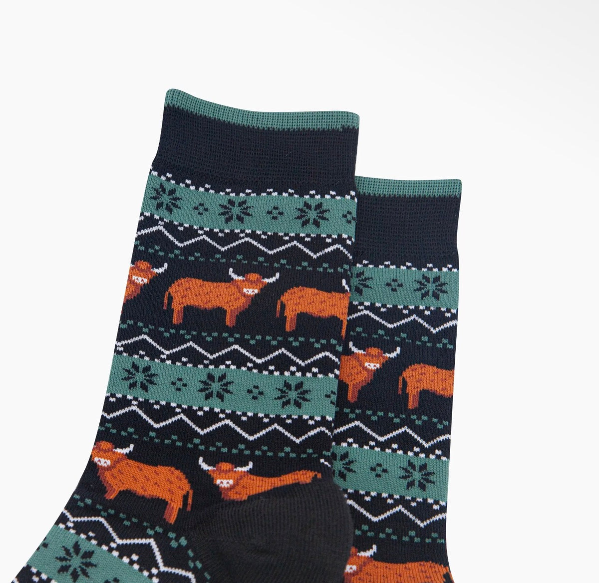 Men's Highland Cow Fair Isle Bamboo Socks – Black & Green, UK 7–11