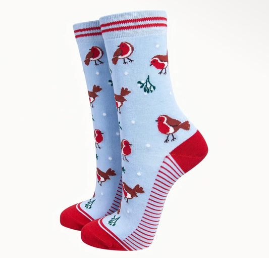 Women's Christmas Robin Bamboo Socks – Icy Blue, UK 3–7