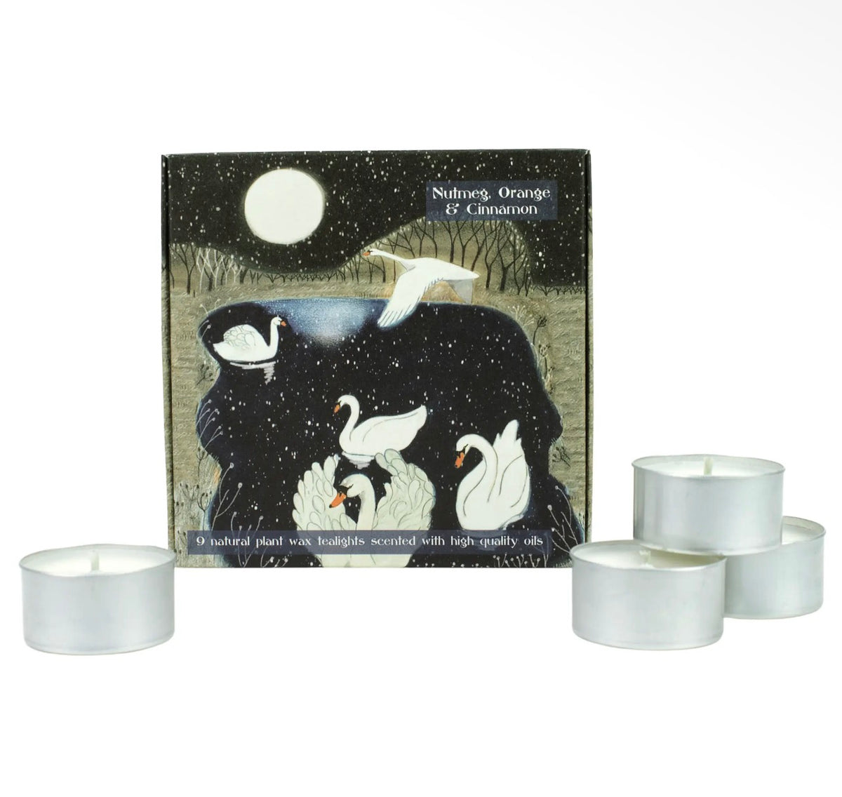 Moonlit Swans Christmas Tealights – Box of 9, Nutmeg, Orange & Cinnamon, Handmade in Wiltshire