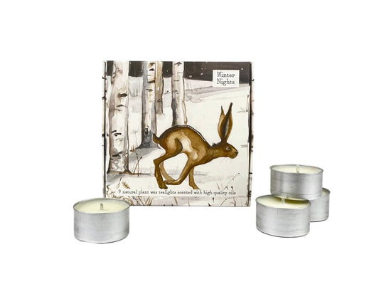 Winter Nights Hare Christmas Tealights – Box of 9, Orange, Clove & Cinnamon, Handmade in Wiltshire