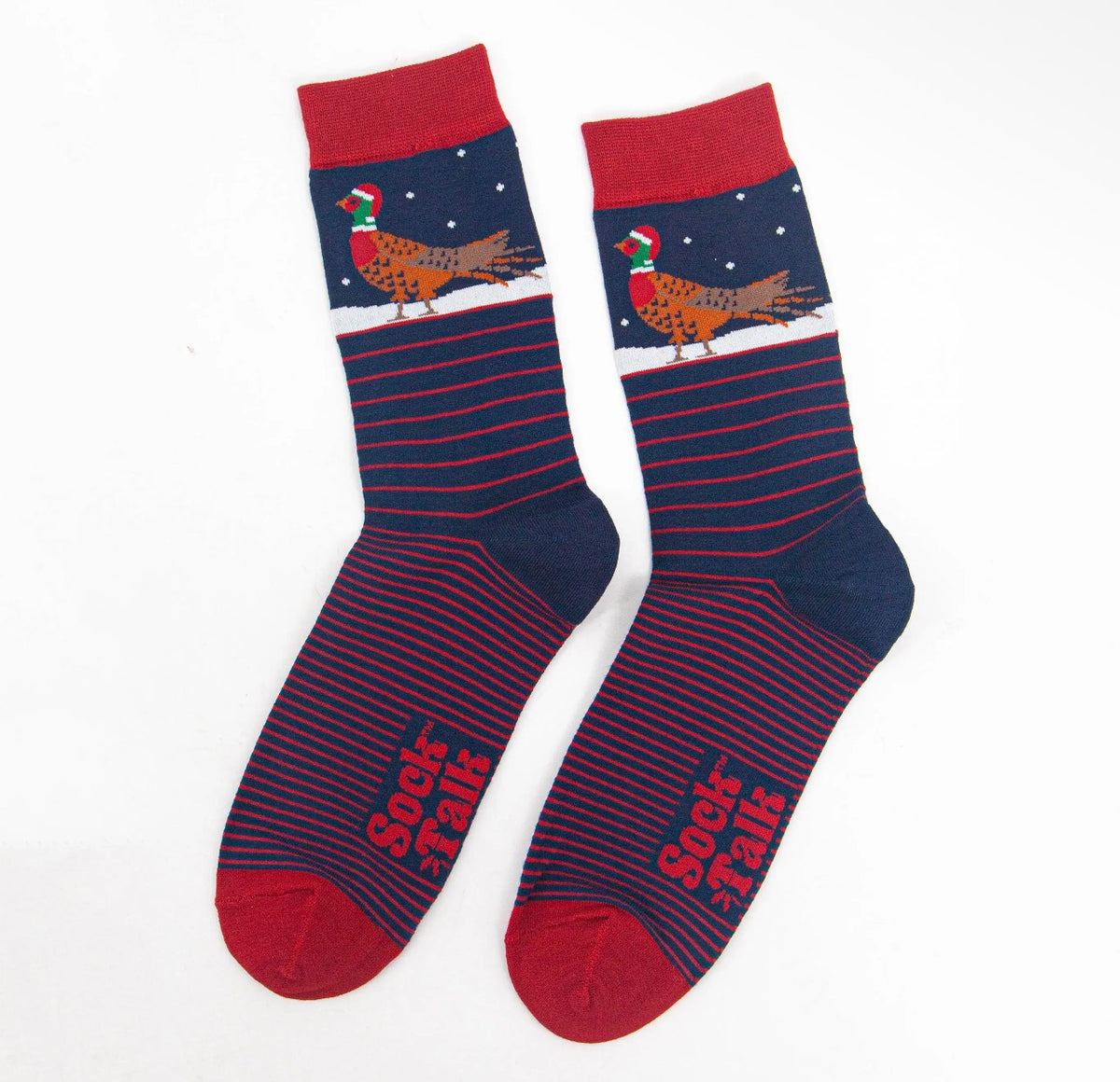 Men's Christmas Pheasant Bamboo Socks – Navy & Red Stripe, UK 7–11